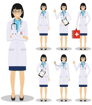 Medical concept. Detailed illustration of old american european doctors in flat style isolated on white background. Practitioner doctor woman standing in different positions. Vector illustration.