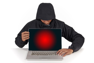 Laptop is hacked by users online targeted threats important data on white background