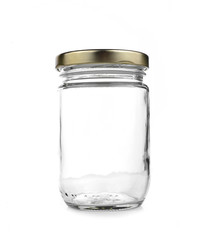 Empty glass jar with aluminum lid over white background