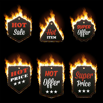 Set of six hot sale horizontal frames of different shapes surrounded with realistic flame isolated on black background. Burning fire light. Bonfire elements. Gradient mesh vector for your design
