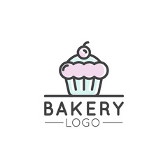 Vector Icon Style Illustration Logo Design for Fresh Bakery Products, Bread or Grocery Shop. Sweet Cupcake with Cream and Berry, Cartoon Style