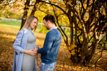Fototapeta premium Young pregnant woman and her husband in the autumn park