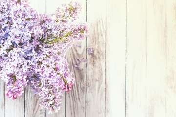 Fototapeta na wymiar The beautiful lilac on shabby white background. Top view. Toned.