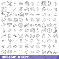 100 summer icons set, outline style