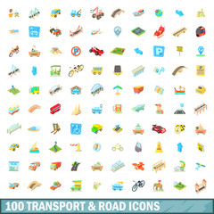 100 transport and road icons set, cartoon style
