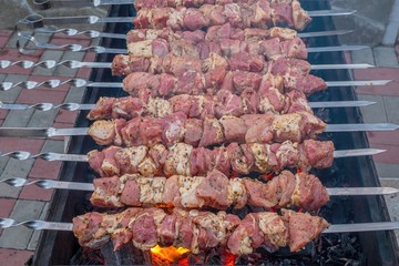 Skewers of pork on the coals with smoke. BBQ