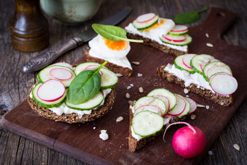 Radish, cucumber, spinach, boiled egg and goat cheese snack toasts on wooden cutting board. Closeup view