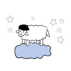 Vector illustration with sheep standing on cloud and smyling. Symbol for bedtime and sleep