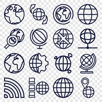 Set of 16 globe outline icons