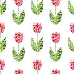 Seamless pattern with hand drawn ornamental tulip flowers on white background.