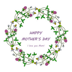 Happy mothers day card. Spring wreath with flowers 