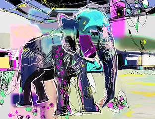 abstraktes digitales Memphis-Gemälde des indischen Elefanten © Kara-Kotsya