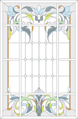 Stained-glass panel in a rectangular frame, abstract floral arrangement of buds and leaves in the art Nouveau style