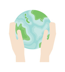 Two hands hold a planet earth in flat style. Symbol of respect for environment.