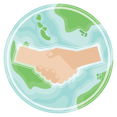 Handshake on planet Earth in flat style.Symbol of world peace, global agreement, international partnership.