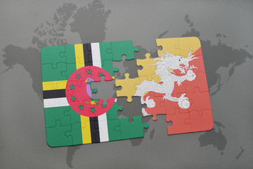 puzzle with the national flag of dominica and bhutan on a world map