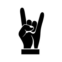 Hand gesture silhouette, symbol Rock and Roll. Black icon isolated on white background. Vector illustration flat design. 