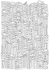 Pattern for coloring book with artistically city houses.