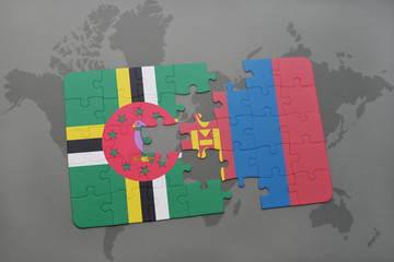 puzzle with the national flag of dominica and mongolia on a world map