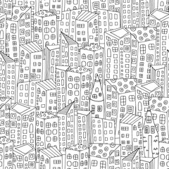 Seamless Pattern for coloring book with artistically city houses.