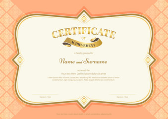 Certificate of achievement template in vector with applied Thai art background, gold old rose color
