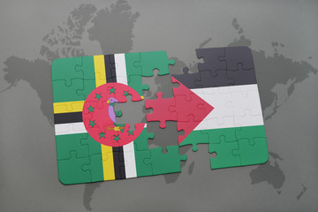 puzzle with the national flag of dominica and palestine on a world map