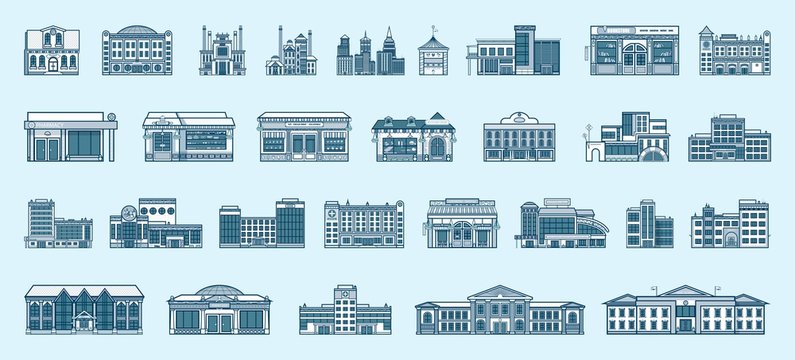 Vector set isolated icons architecture buildings linear style