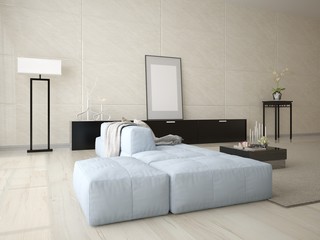 Mock up the living room with a large corner sofa on a light stylish background, 3d rendering.