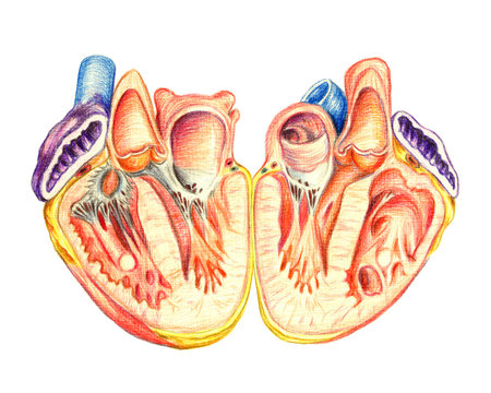 The human heart lengthwise cut, hand drawn medical illustration, color pencils drawing with imitation of lithography