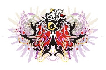 Grunge butterfly splashes with leopard head. Red and black butterfly wings against the background of floral elements, violet feathers with blood drops, the aggressive leopard head and an orange eye
