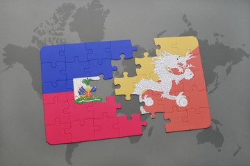 puzzle with the national flag of haiti and bhutan on a world map
