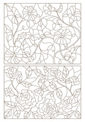 Set contour illustrations in the stained glass style,  roses and flowers of bindweed, dark outline on a white background