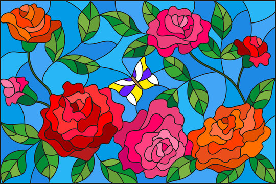 Illustration in stained glass style with flowers  and leaves of  rose on the blue background