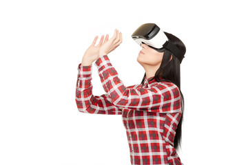 Woman in modern VR headset playing in basketball.