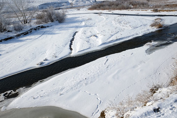 Obraz premium Ice-free mountain river in winter with animal trails