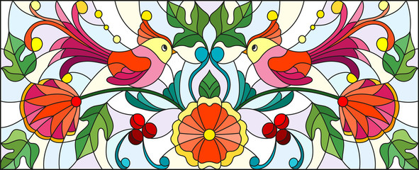 Panele Szklane  Illustration in stained glass style with a pair of abstract birds , flowers and patterns on a light background , horizontal image