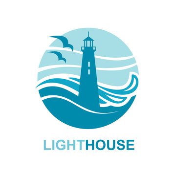 lighthouse icon design with ocean waves and seagulls