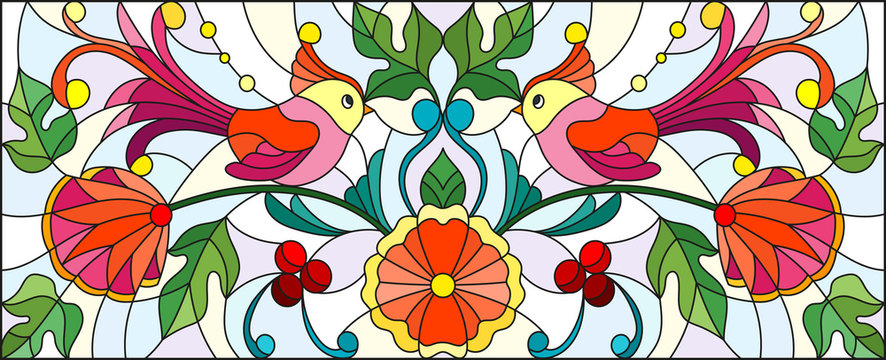 Illustration in stained glass style with a pair of abstract birds , flowers and patterns on a light background , horizontal image