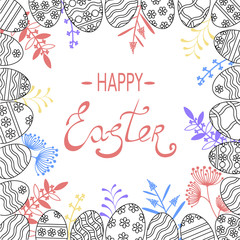 Fototapeta na wymiar Easter eggs vector icon background. Decorative doodle frame from Easter eggs and floral elements. Vector illustration with ornaments in circle