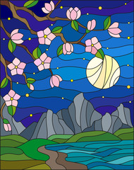 Naklejki  Illustration in stained glass style with the cherry blossoms on a background of mountains,starry sky , moon  and the sea