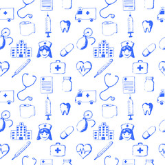 Seamless pattern-medical items. This illustration is drawn with a pencil.