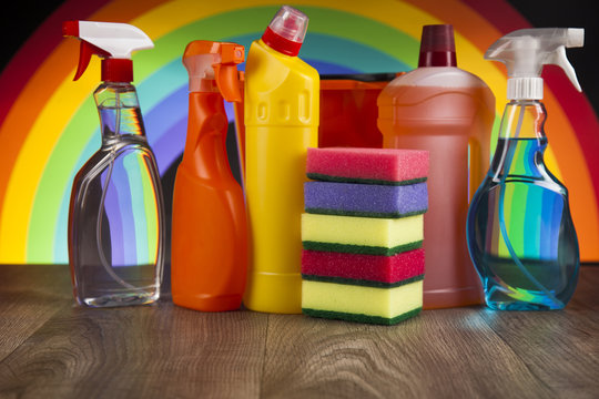 Cleaning products. Home concept and window background