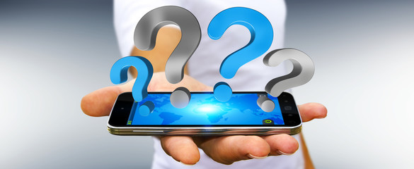 Businessman holding question marks over phone 3D rendering