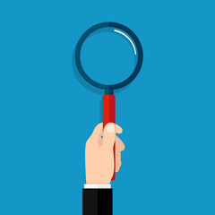 hand holding a magnifying glass. vector illustration in flat design on blue background