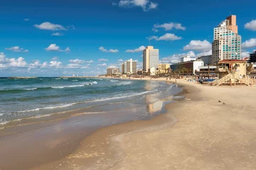 Foto auf Glas Tel Aviv beach with a view of Mediterranean sea and skyscrapers, Israel. © lucky-photo