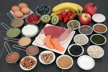 Body Building Health Food Selection. With fresh and dried foods including supplement powders.