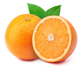 Perfectly retouched orange with half slice and leaves isolated on white background with clipping path