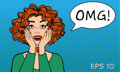 Sincere women's surprise. A girl with an open mouth says OMG! Retro comics style. Pop art vector illustration on a blue background.