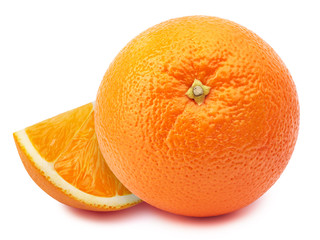 Perfectly retouched orange with slice isolated on white background with clipping path