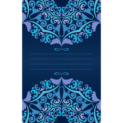 Vertical card template with abstract symmetric patterns in blue shades.